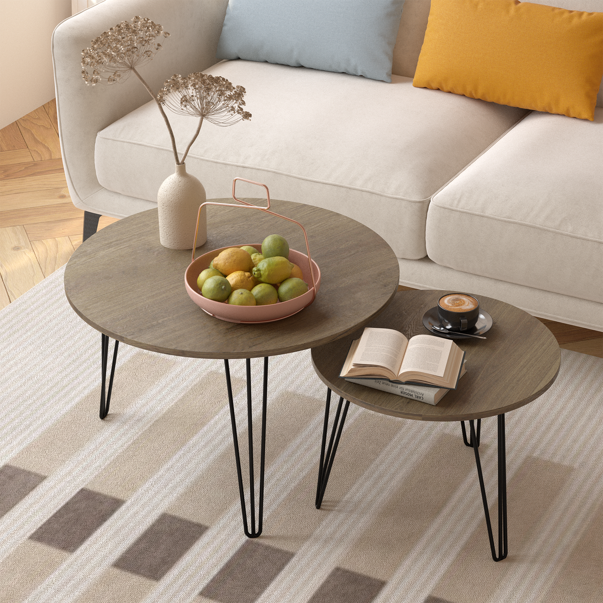 27.56'' Round Nesting Coffee Table Set of 2, Circular Nesting End Table Set, Round Wooden Tabletop, and Sturdy Metal Base for Living Room, bedroom, Brown W808P176732-djyc