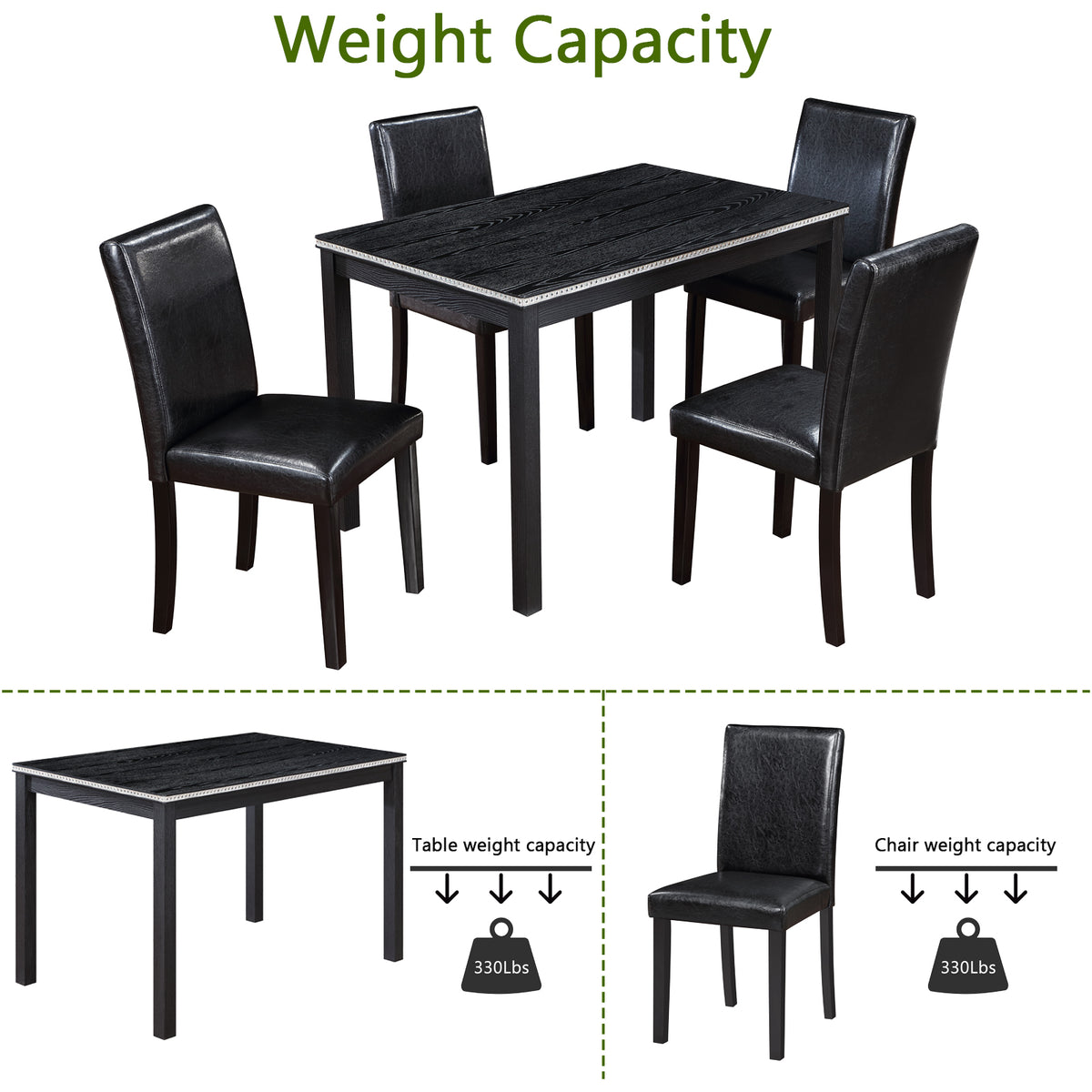 5 Piece Wooden Dining Table Set, Kitchen Table Set with a Rectangular Table and 4 Upholstered Chairs, Wooden Dining Room Table with Crystal Decoration and Chairs Set for Kitchen, Dining Room, Black W1998S00047-djyc