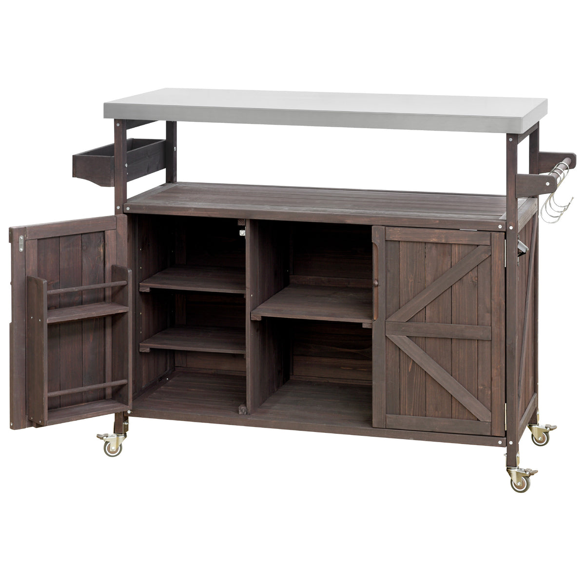 K&K Outdoor Kitchen Island, Rolling Bar Cart & Storage Cabinet, Farmhouse Solid Wood Outdoor Grill Table with Stainless Steel Top, Spice Rack , Towel Rack for Kitchen & Barbecue , Dark Brown WF532198AAZ-djyc