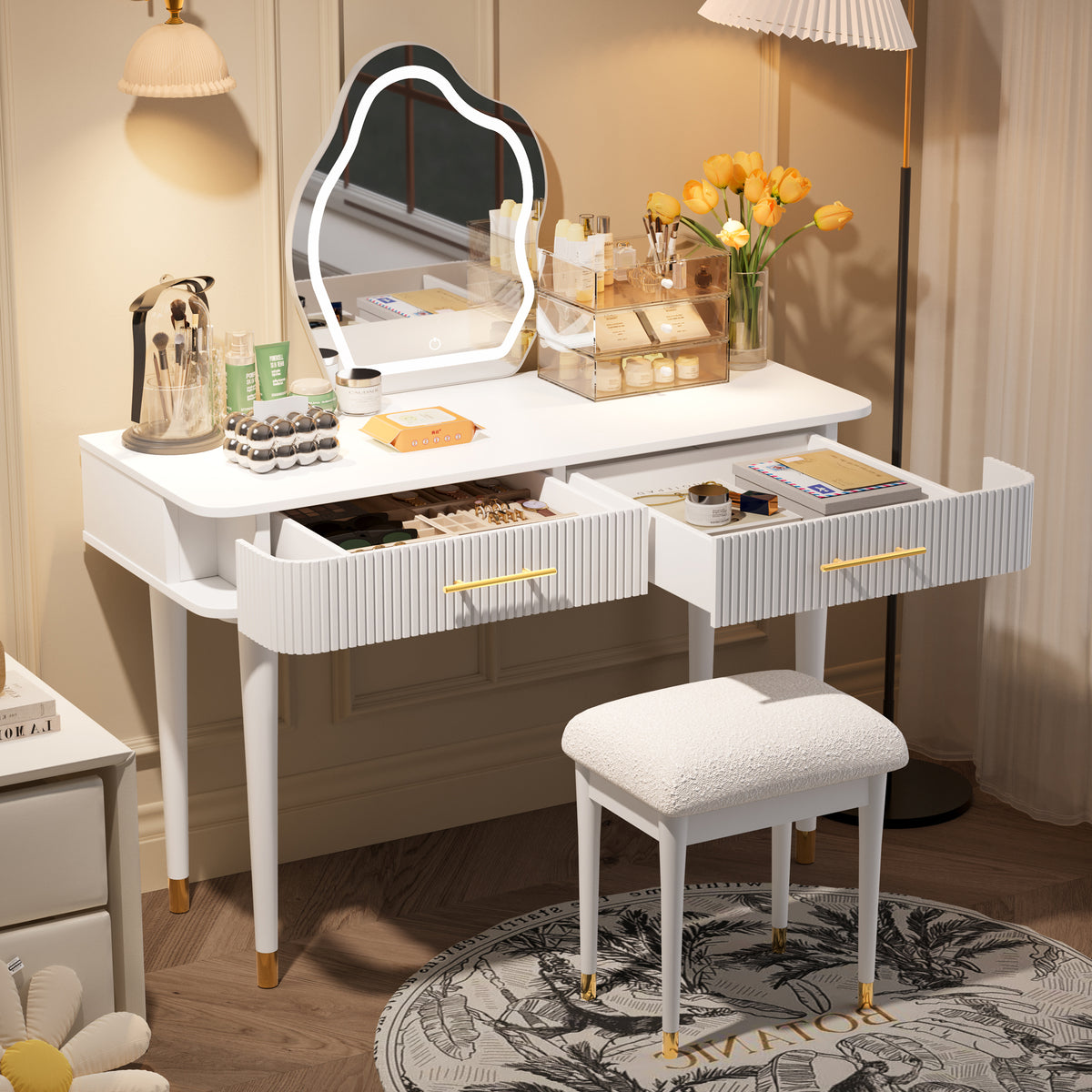 40" Modern Vanity Table Set with Mirror Touch Screen Lighted Mirror, Dressing Table and Cushioned Stool Set with 2 Large Drawers, White N704P196657K-djyc