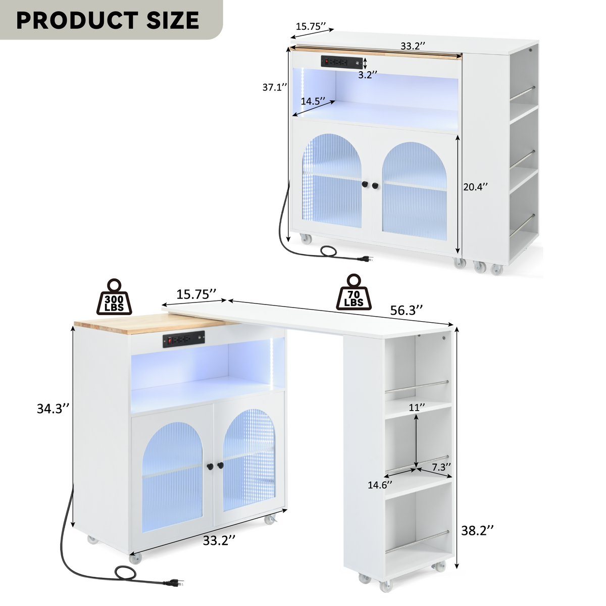 K&K Rolling Kitchen Island With Extended Table, Kitchen island on Wheels with LED Lights,Power Outlets and 2 Fluted Glass Doors, Kitchen Island with a Storage Compartment and Side 3 Open Shelves,White WF316018AAW-djyc