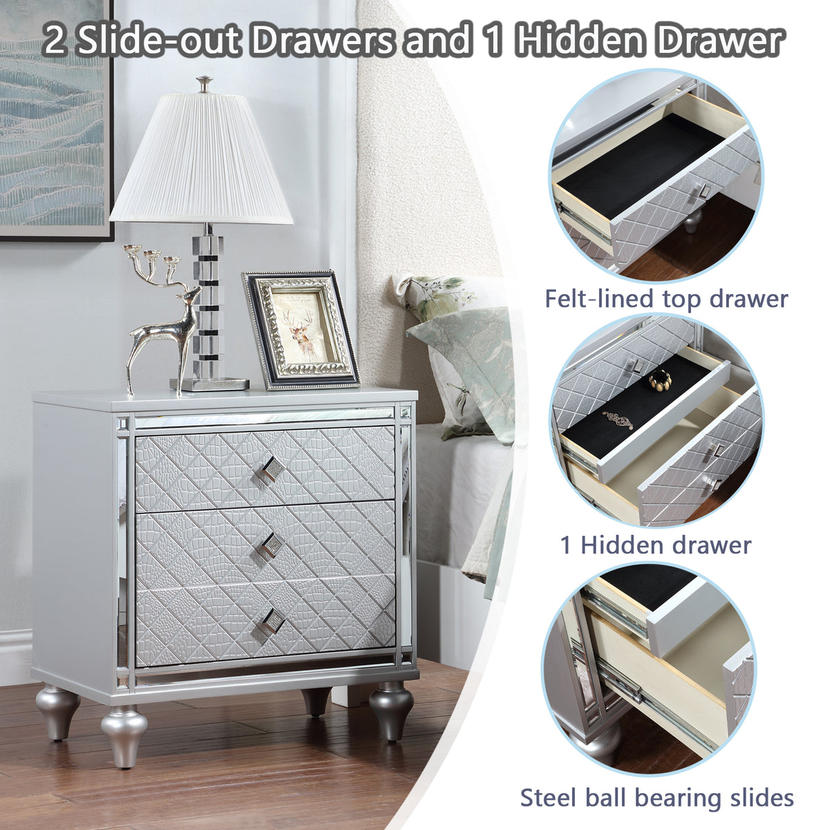 Contemporary Nightstands with mirror frame accents, Bedside Table with two drawers and one hidden drawer, End Table with Crystal Pull for Living Room,Bedroom, Silver W1998131731-djyc