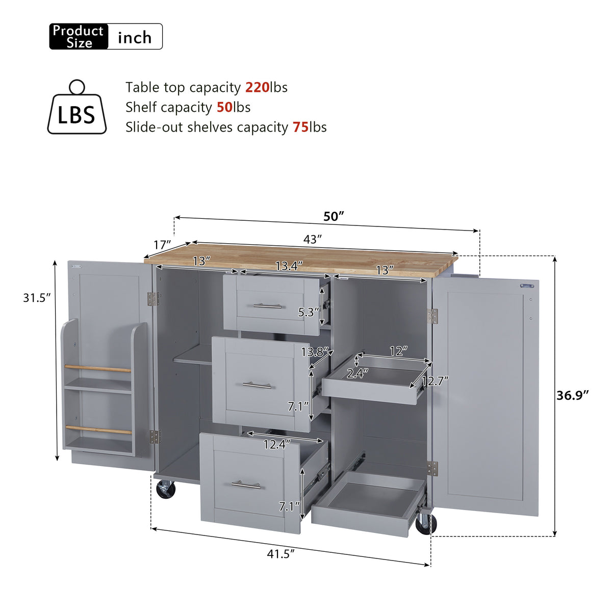 K&K Rolling Kitchen Island with Storage, Kitchen Cart with Rubber Wood Top, 3 Drawer, 2 Slide-Out Shelf and Internal Storage Rack, Kitchen Island on Wheels with Spice Rack & Tower Rack, Grey Blue WF316599AAG-djyc