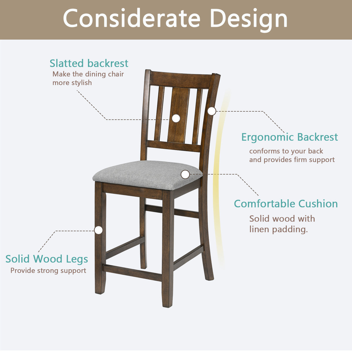 Dining Room Furniture Counter Height Chairs Setfor 4, Kitchen Chair with Padded Seat, Walnut W1998126394-djyc