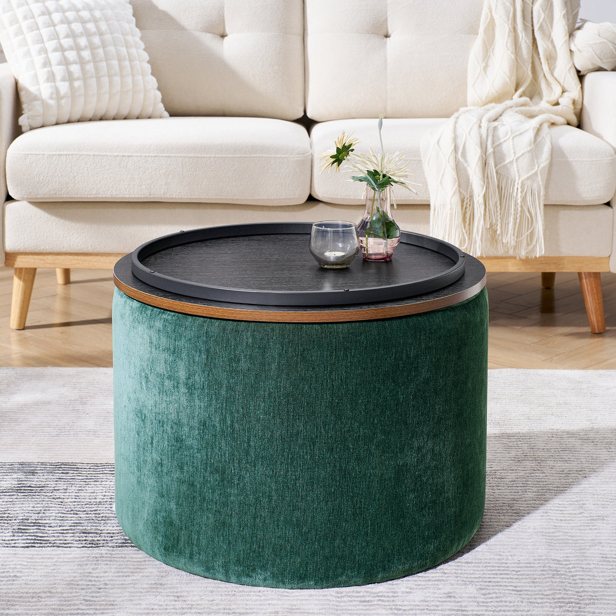 2-Piece Set Round Chenille Storage Ottoman, Equipped with a Drum Shaped Small Stool, Storage Space, and MDF Made Desktop Panel (Dark Green23.62"x23.62"x16.53") W487P179603-djyc