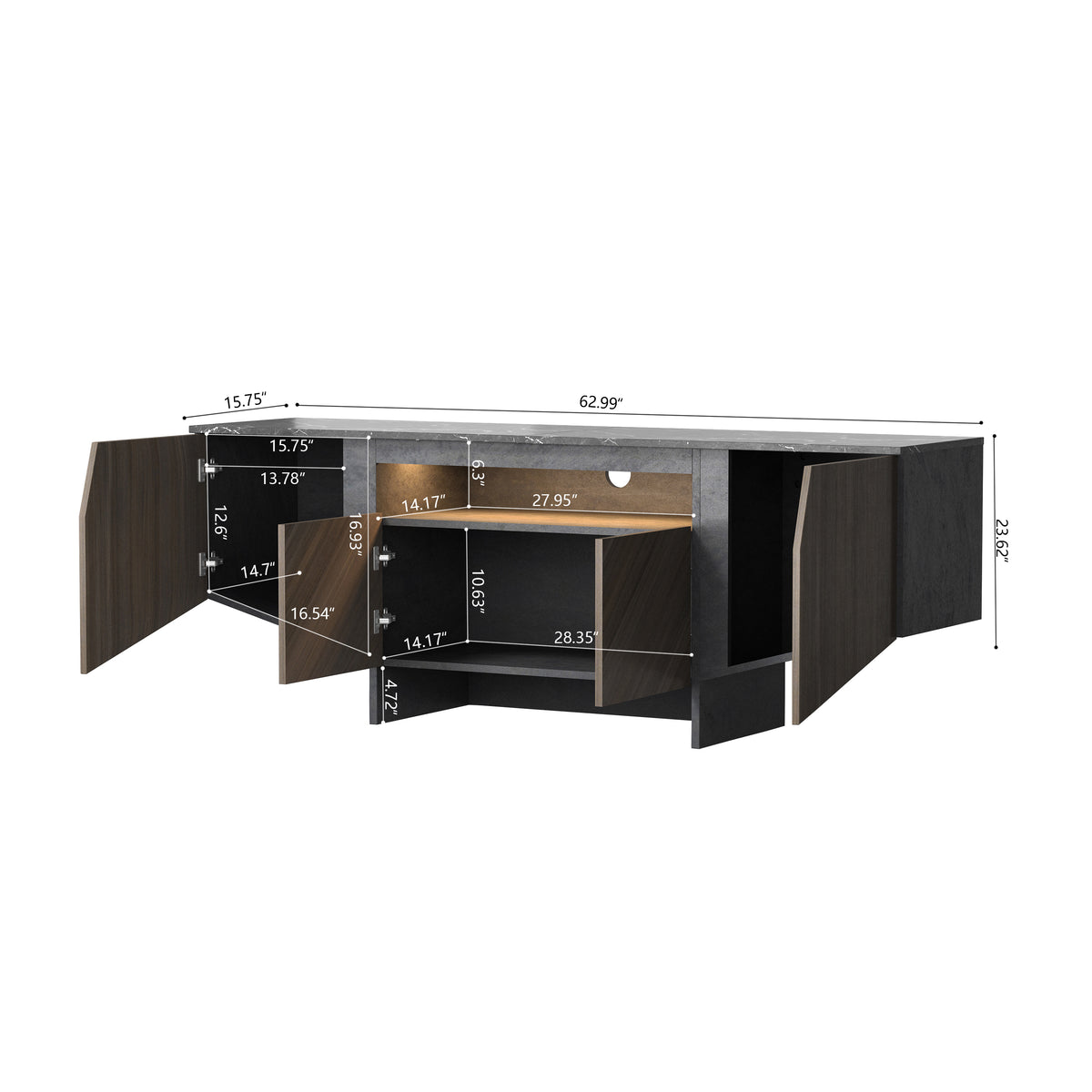 63 Inch TV Stand with LED Lights, with Storage Cabinet and Shelves, TV Console Table Entertainment Center for Living Room,Bedroom W881106465-djyc