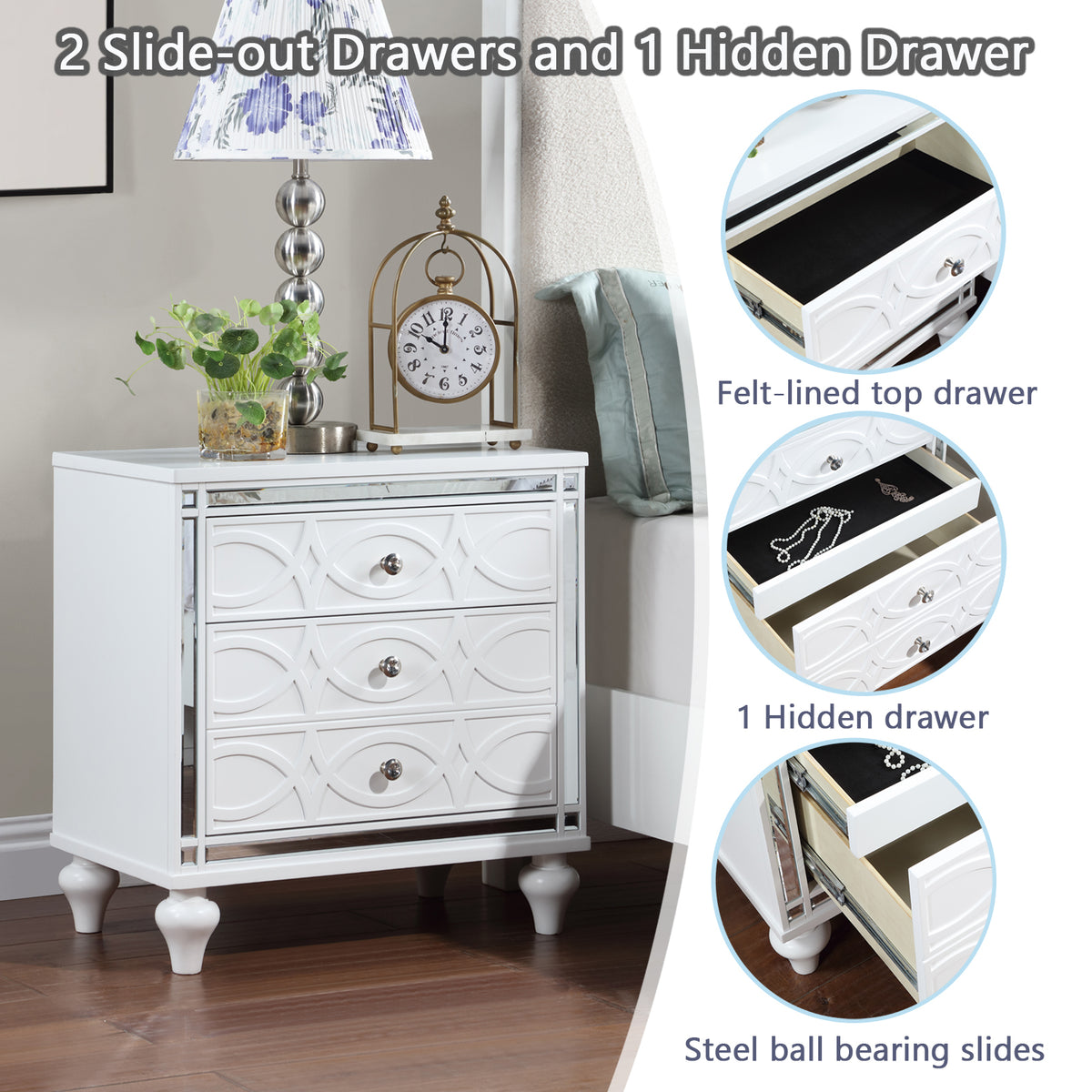 Contemporary Nightstands with mirror frame accents, Bedside Table with two drawers and one hidden drawer, End Table with Crystal Pull for Living Room,Bedroom, White W1998131732-djyc