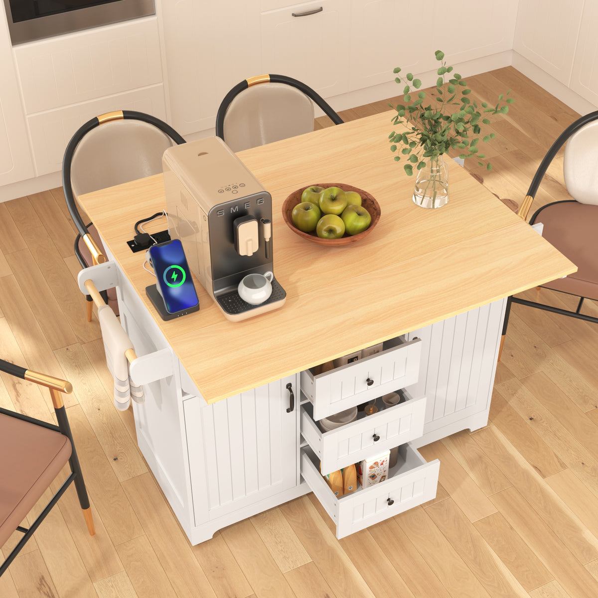 K&K 55.7'' Large Kitchen Island with 2 Drop Leaf,, Rolling Kitchen Cart on 5 Wheels with Power Outlet, Folding Storage Dining Table with Spice & Towel Rack , 3 Drawers, for Kitchen, Dining Room,White N707P186617W-djyc