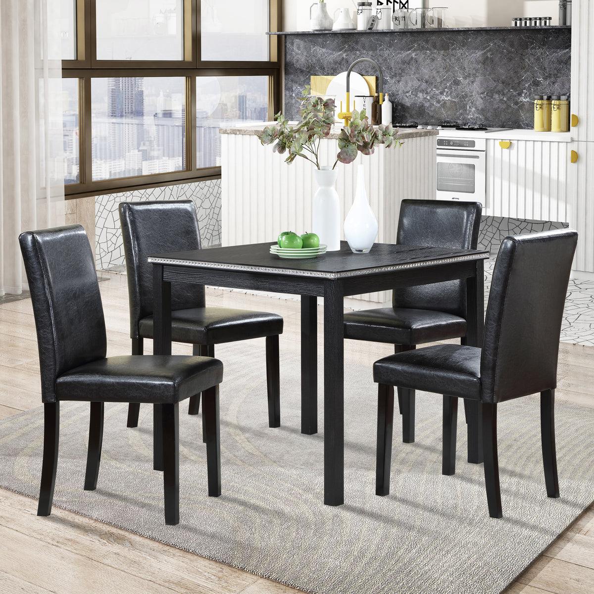 5 Piece Wooden Dining Table Set, Kitchen Table Set with a Square Table and 4 Upholstered Chairs, Wooden Dining Room Table with Crystal Decoration and Chairs Set for Kitchen, Dining Room, Black W1998S00041-djyc