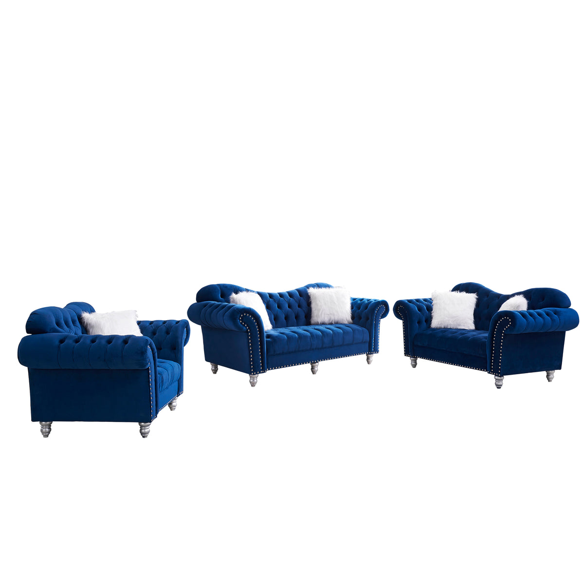 3 Piece Living Room Sofa Set, including 3-Seater Sofa, Loveseat and Sofa Chair, with Button and Copper Nail on Arms and Back, Five White Villose Pillow, Blue. W487S00051-djyc