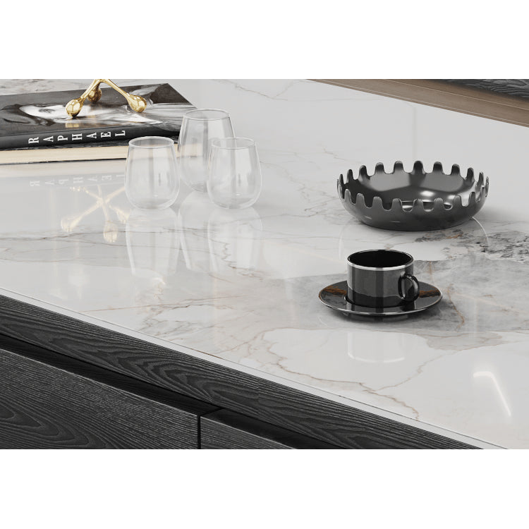 Modern White Glossy Tea Table with Grey Matte Marble and Pine Wood Accents faml-698