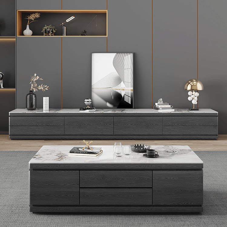 Stylish White Gloss TV Cabinet with Grey Matte Marble & Pine Wood Accents faml-699