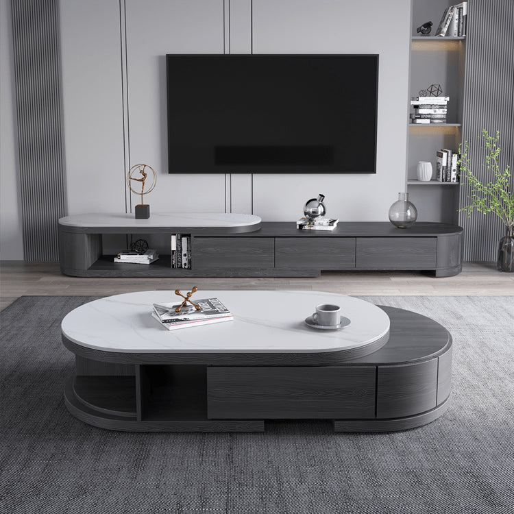 Sleek White Gloss TV Cabinet with Matte Grey Marble Accents - Plywood & Metal Construction faml-702