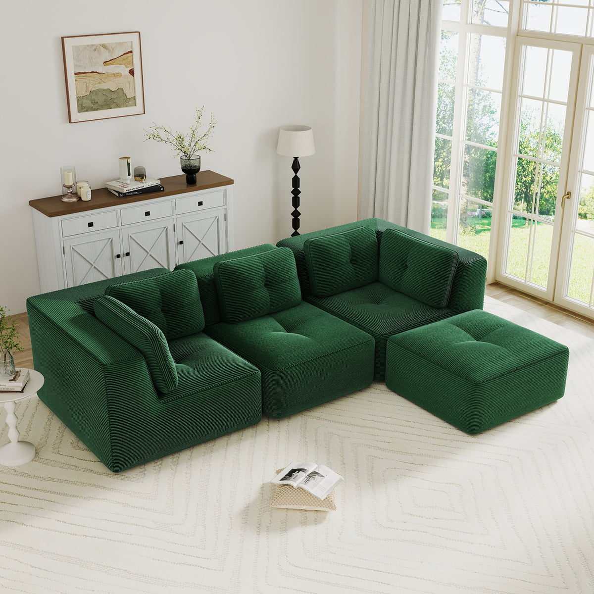 Modern Modular Sectional Sofa for Living Room, Corduroy Fabric,3-Seater Couch with Deep Seat and Movable Ottoman,Pearl-like piping, Tufted Design, No Assembly, Anti-slip Design, Green-W714S01796