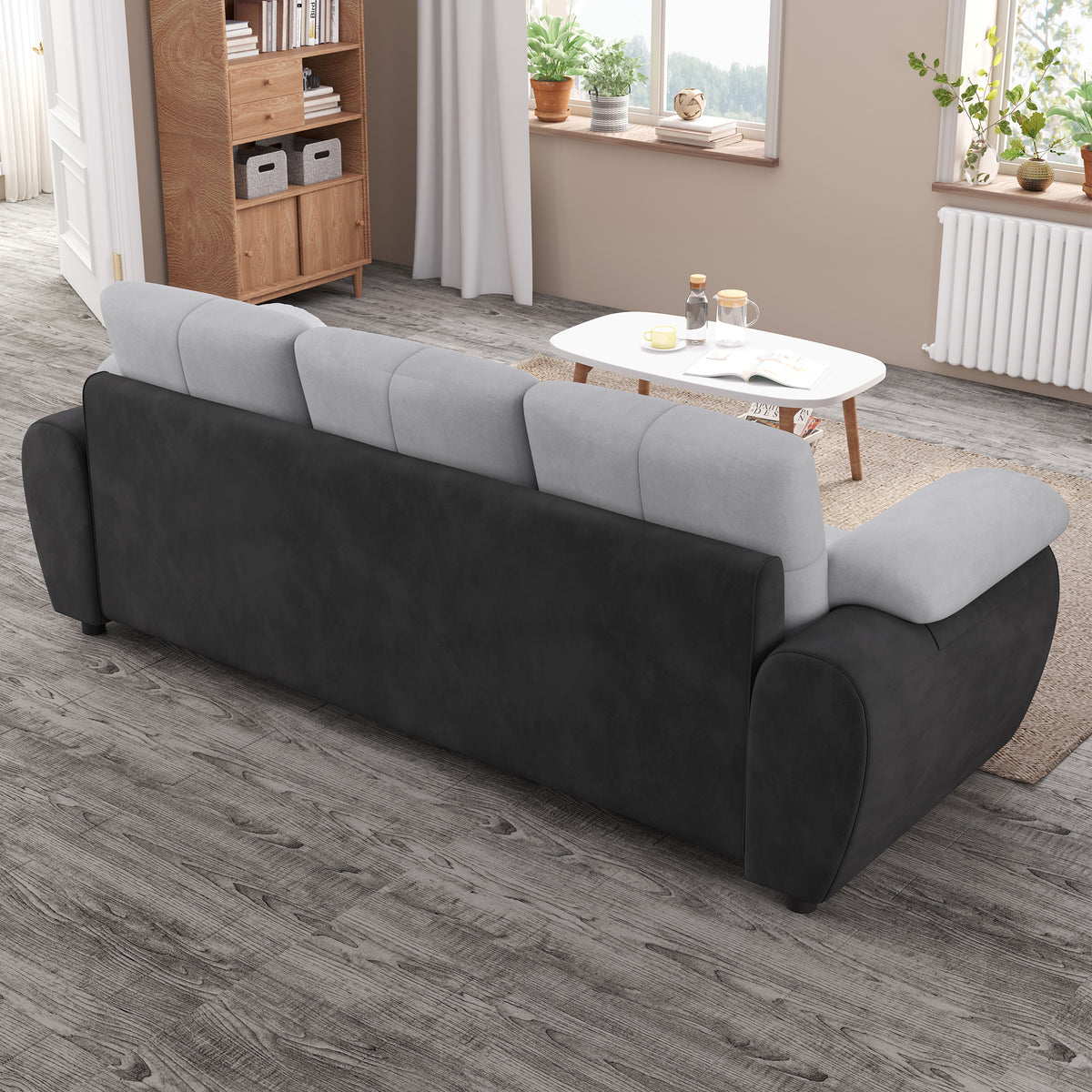 81.9″ Large size Three Seat Sofa,Modern Upholstered,Black leather paired with light gray velvet W1767132489-djyc