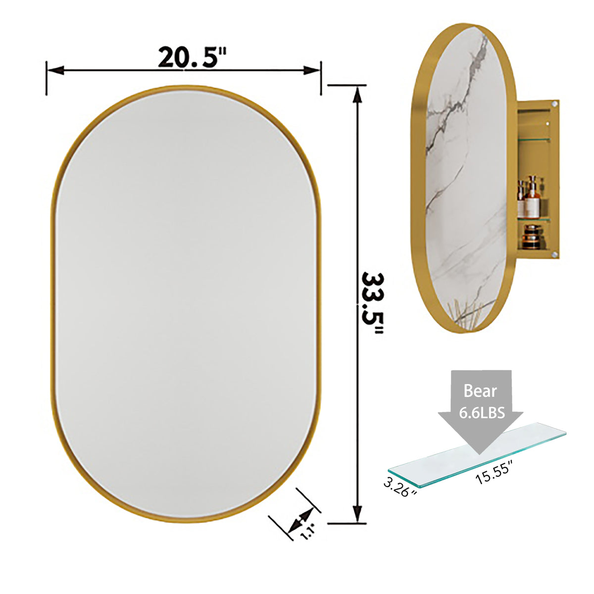 20x34 Inch Oval Recessed Medicine Cabinet, Metal Framed Bathroom Wall Cabinet with Mirror and Adjustable Shelves, Wall Mirror with Storage for Bathroom, Matte Gold W1435P210490-djyc