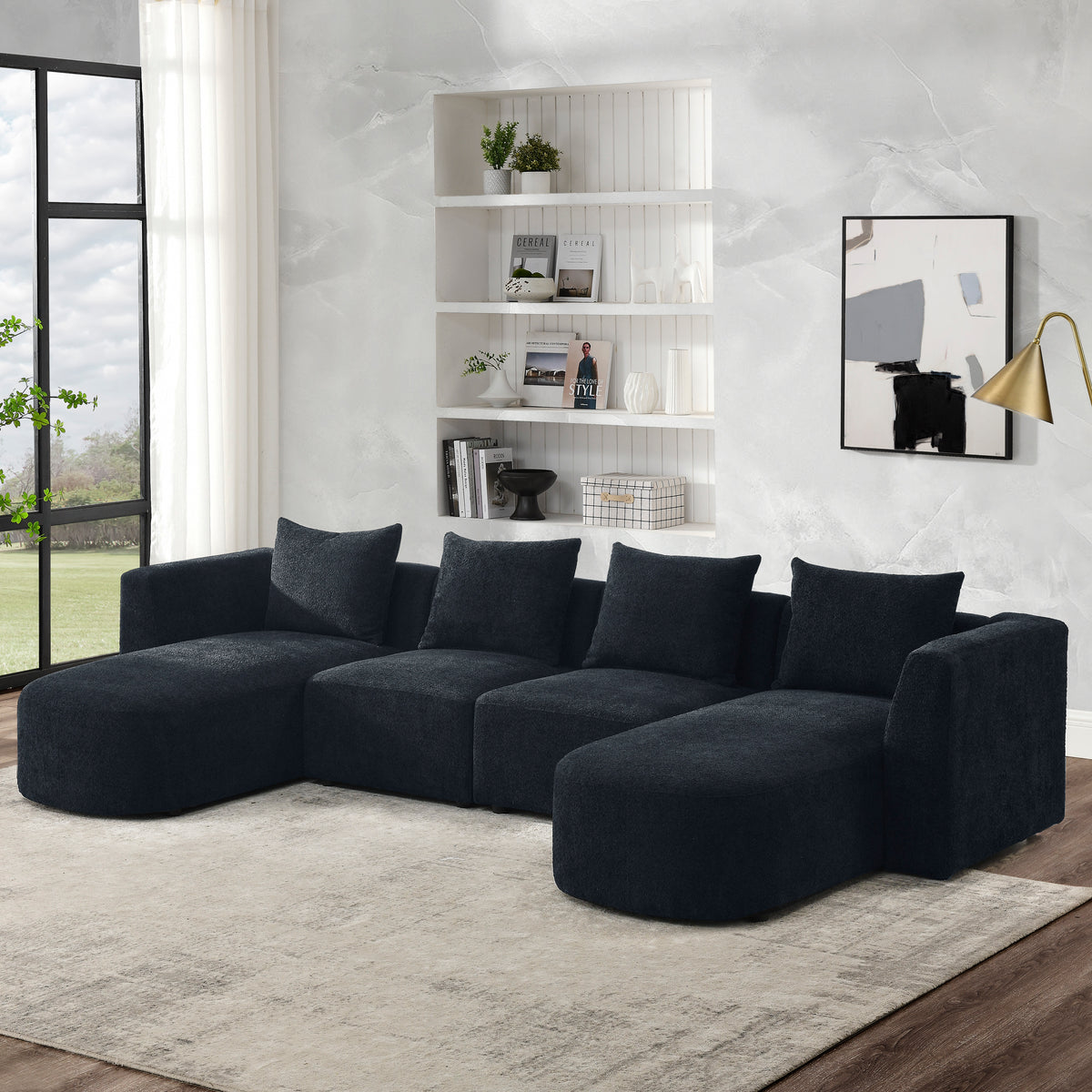 U Shape Sectional Sofa including Two Single Seats and Two Chaises, Modular Sofa, DIY Combination, Loop Yarn Fabric, Black W487S00158-djyc