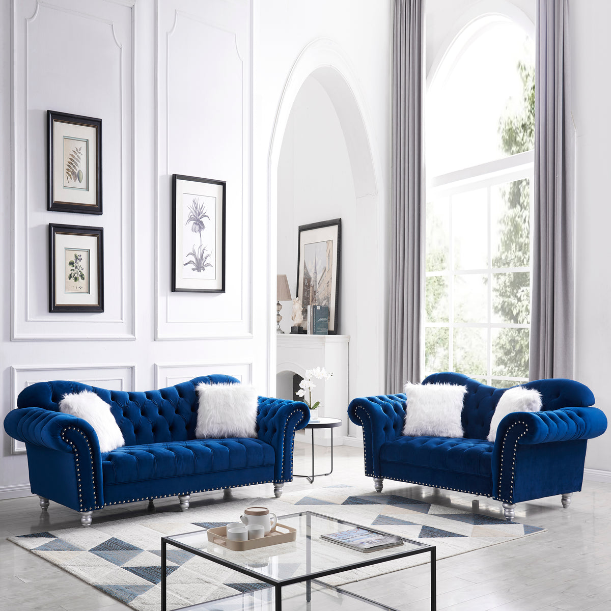 3 Piece Living Room Sofa Set, including 3-Seater Sofa, Loveseat and Sofa Chair, with Button and Copper Nail on Arms and Back, Five White Villose Pillow, Blue. W487S00051-djyc