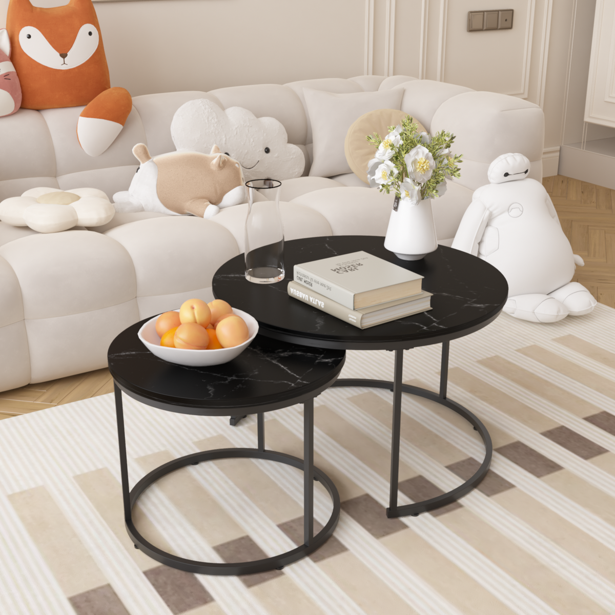 Nesting Coffee Table Set of 2, 27.6inch Round Coffee Table Wood Marble Pattern Top with Sturdy Metal Frame, End Table Side Tables for Living Room Bedroom Balcony Yard (Black) W808P176723-djyc