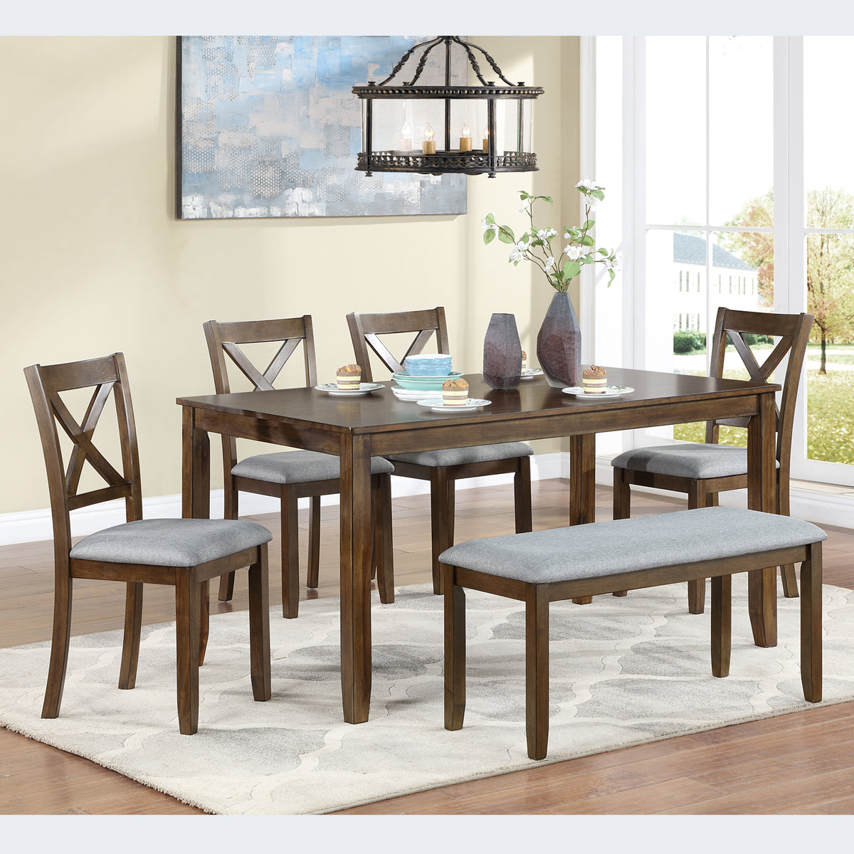 6 Piece Kitchen Dining Set, Rectangular Wooden Dining Table with 4 Upholstered Chairs and a Bench, Dining Table Set for 6 People, Living Room, Home Bar and Kitchen, Walnut W1998S00008-djyc