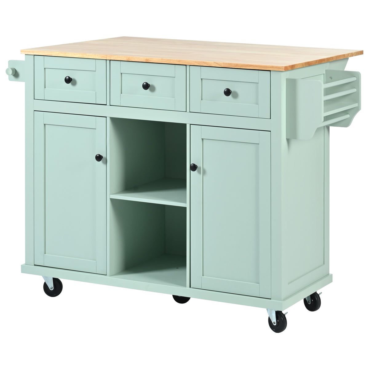 Kitchen Cart with Rubber wood Drop-Leaf Countertop ,Cabinet door internal storage racks,Kitchen Island on 5 Wheels with Storage Cabinet and 3 Drawers for Dinning Room, Mint Green WF298028AAE-djyc