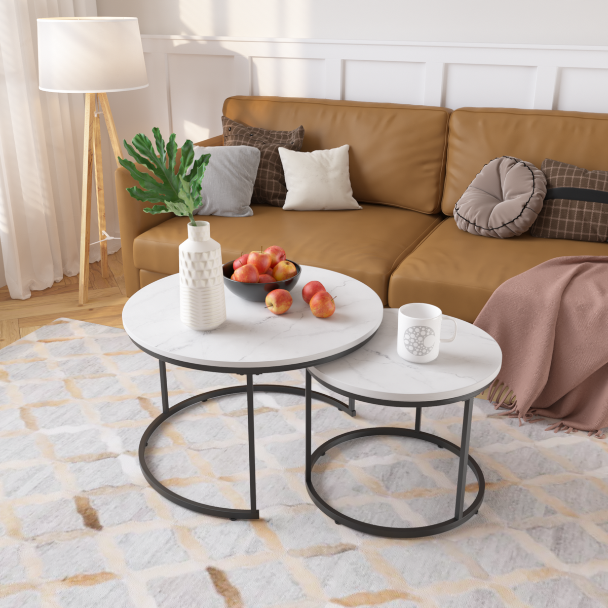 Nesting Coffee Table Set of 2, 27.6inch Round Coffee Table Wood Marble Pattern Top with Sturdy Metal Frame, End Table Side Tables for Living Room Bedroom Balcony Yard (White) W808P176725-djyc