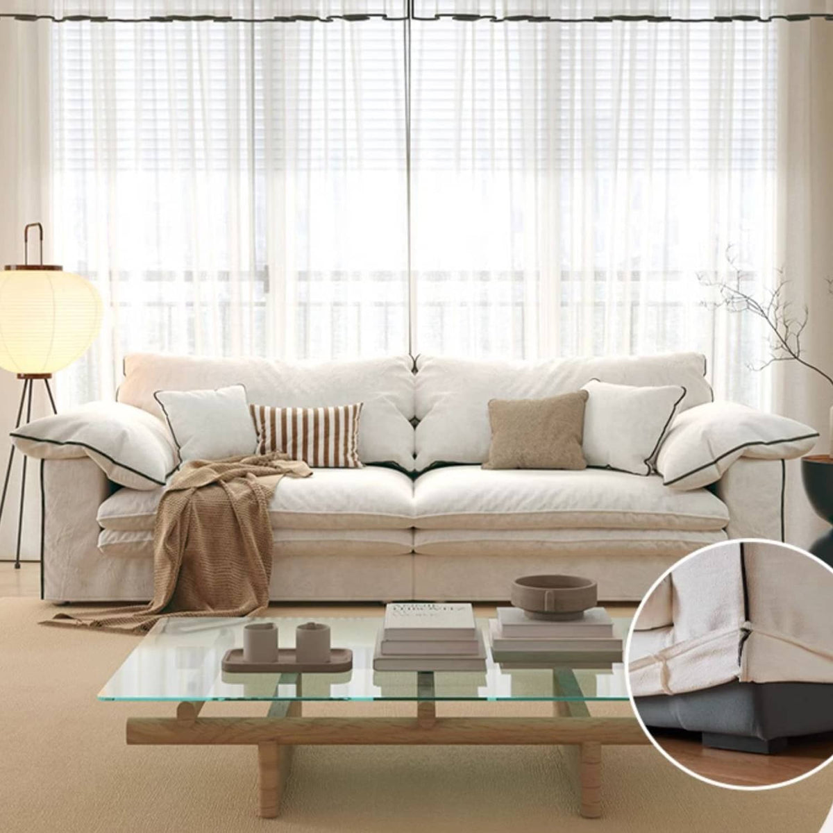 Beige Light Brown Sofa with Pine Wood Frame and Down Figure Cotton Linen Upholstery fbby-1377