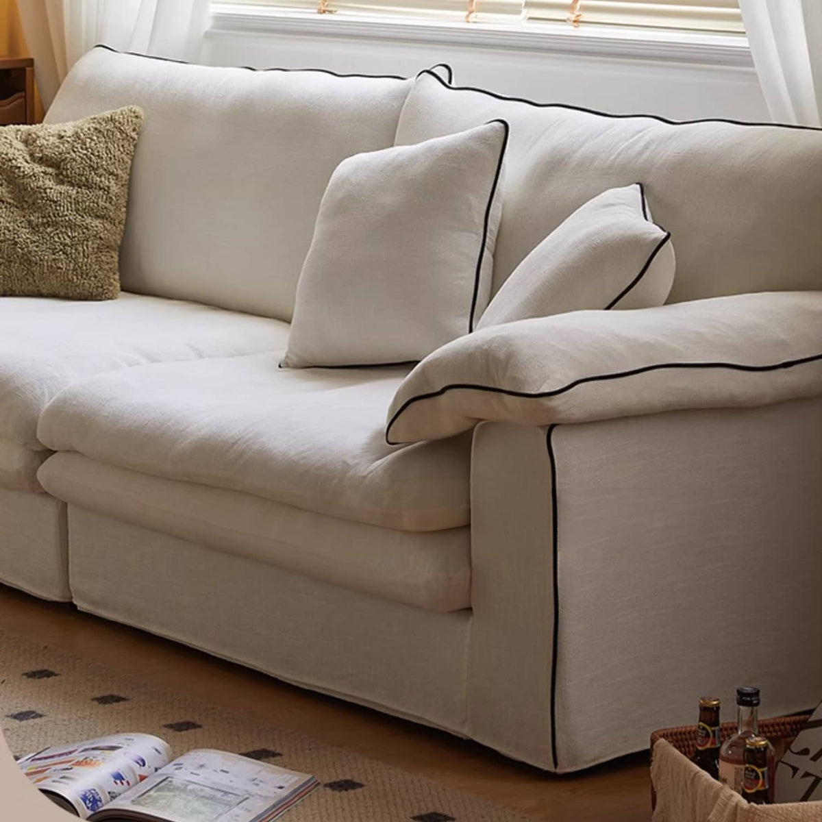 Beige Light Brown Sofa with Pine Wood Frame and Down Figure Cotton Linen Upholstery fbby-1377