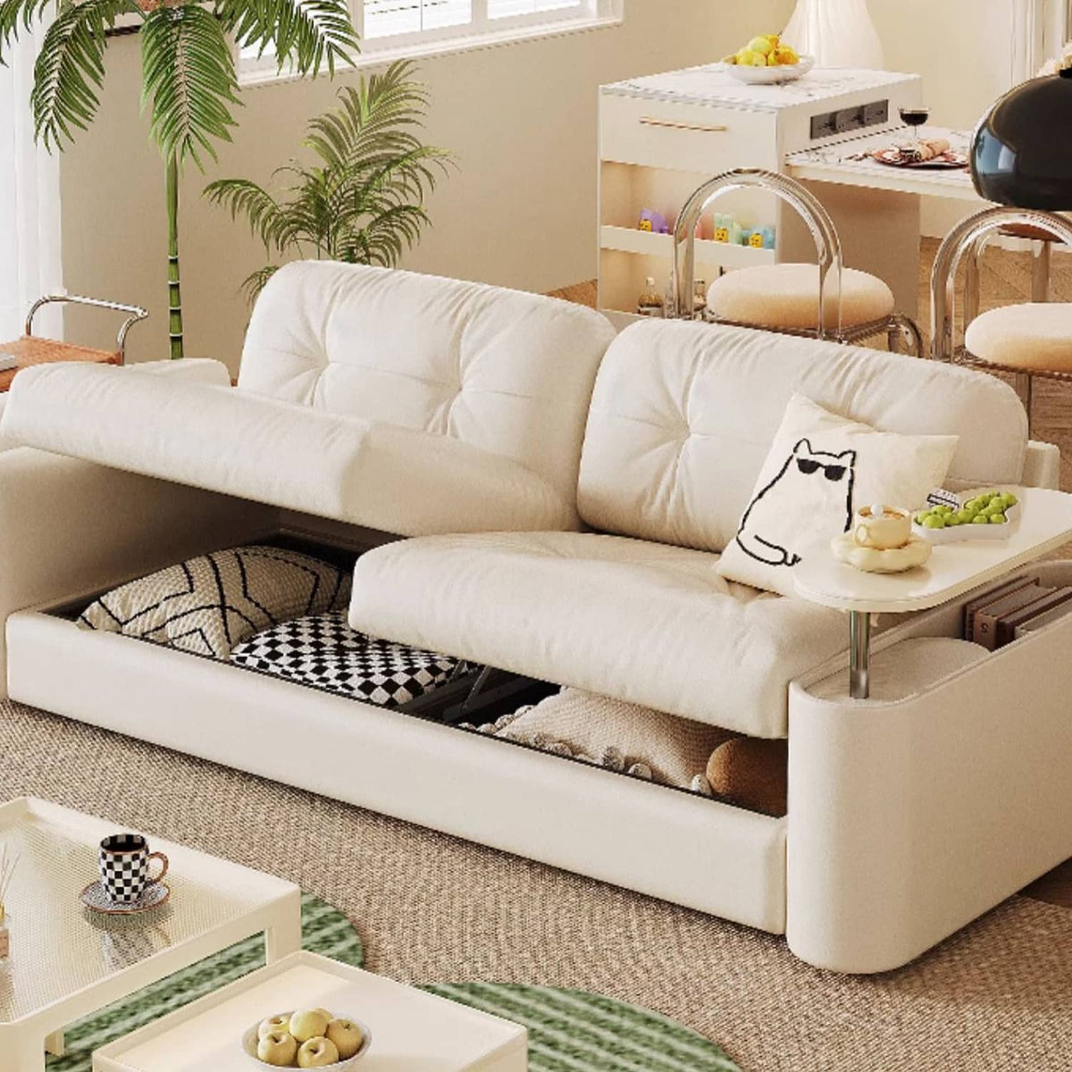 Elegant Light Brown Sofa with Beige and Ash Wood Accents and Stainless Steel Figure - Cotton and Faux Leather Upholstery fbby-1378