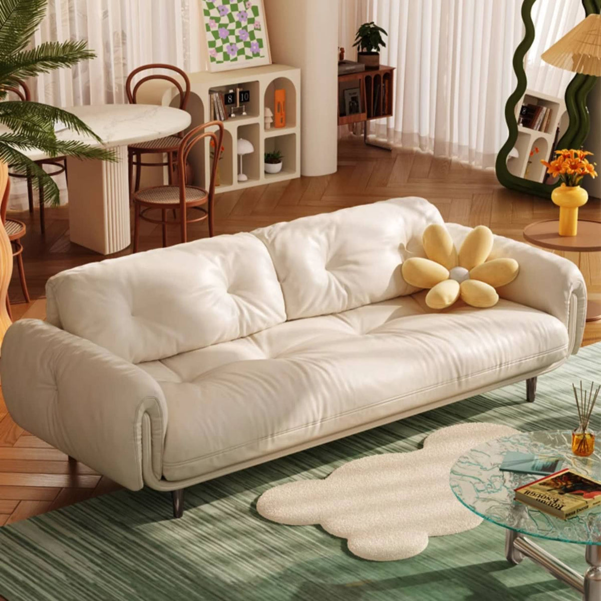 Luxurious Beige Sofa with Solid Wood Frame & Stainless Steel Accents - Premium Down & Faux Leather Upholstery fbby-1389