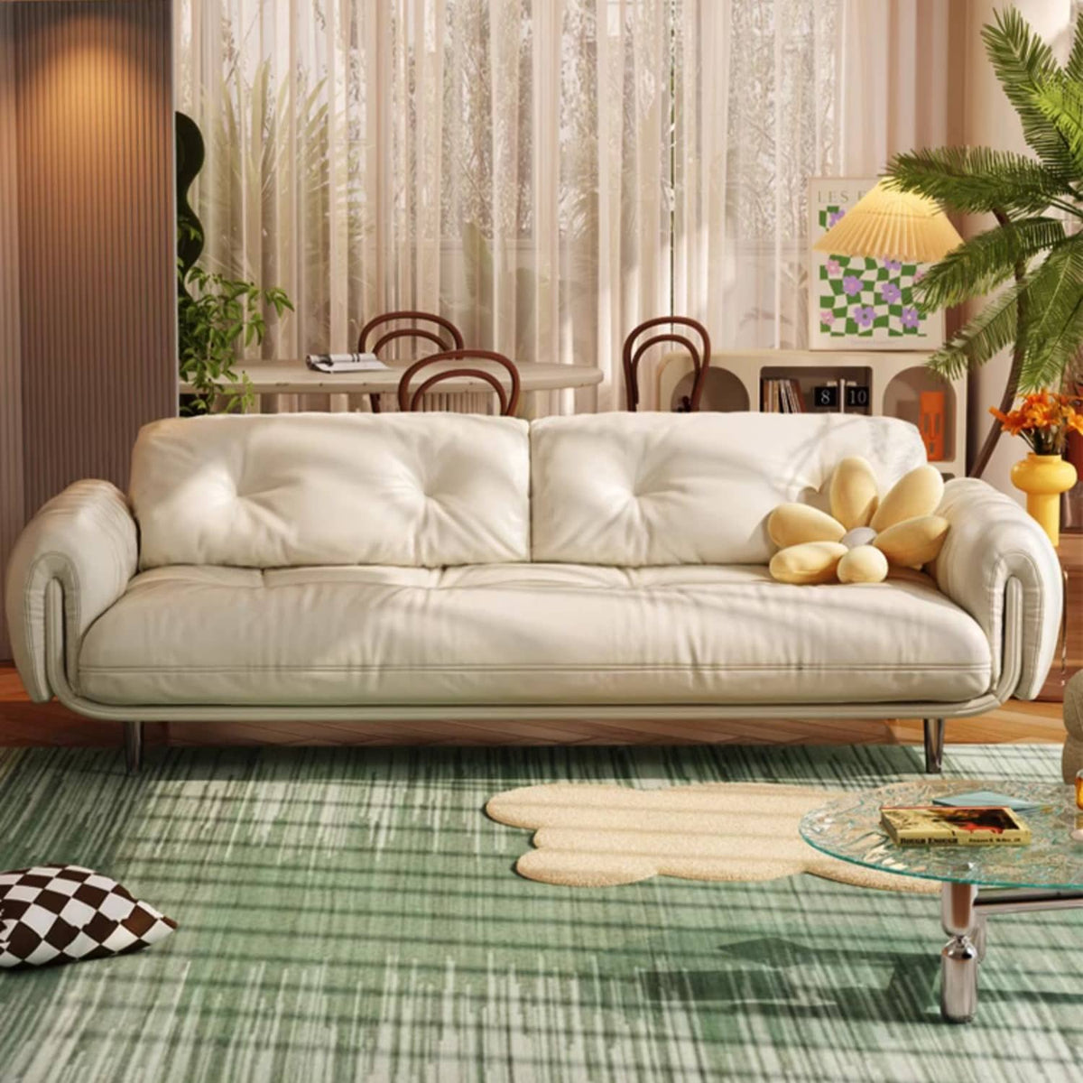 Luxurious Beige Sofa with Solid Wood Frame & Stainless Steel Accents - Premium Down & Faux Leather Upholstery fbby-1389