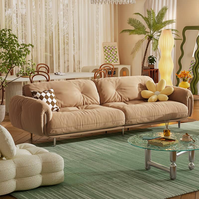 Luxurious Beige Sofa with Solid Wood Frame & Stainless Steel Accents - Premium Down & Faux Leather Upholstery fbby-1389