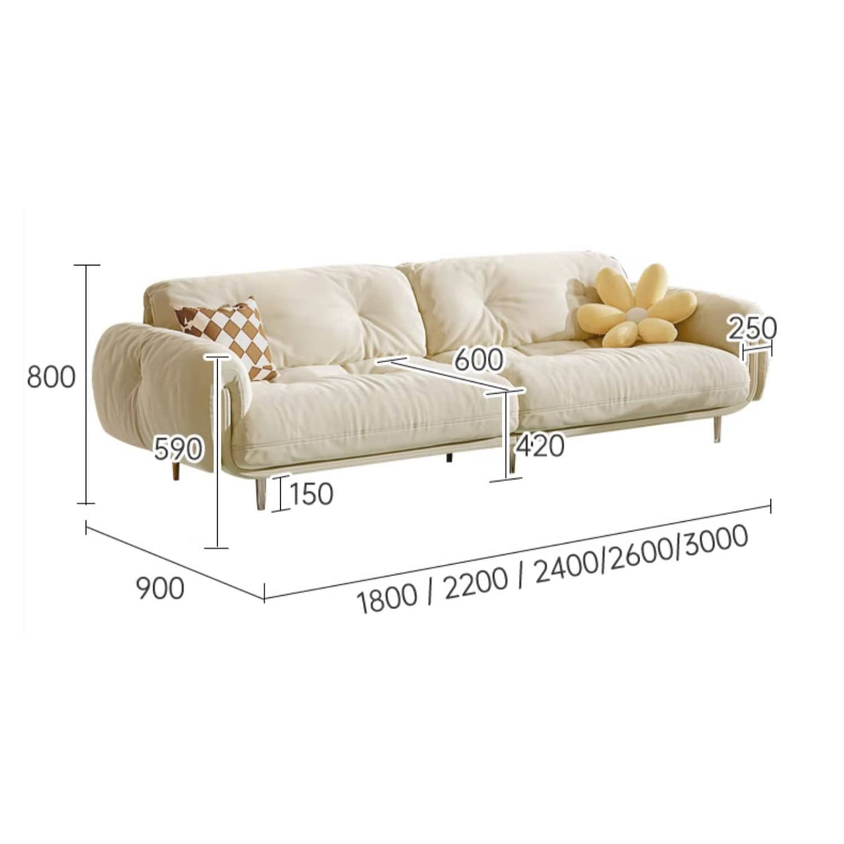 Luxurious Beige Sofa with Solid Wood Frame & Stainless Steel Accents - Premium Down & Faux Leather Upholstery fbby-1389