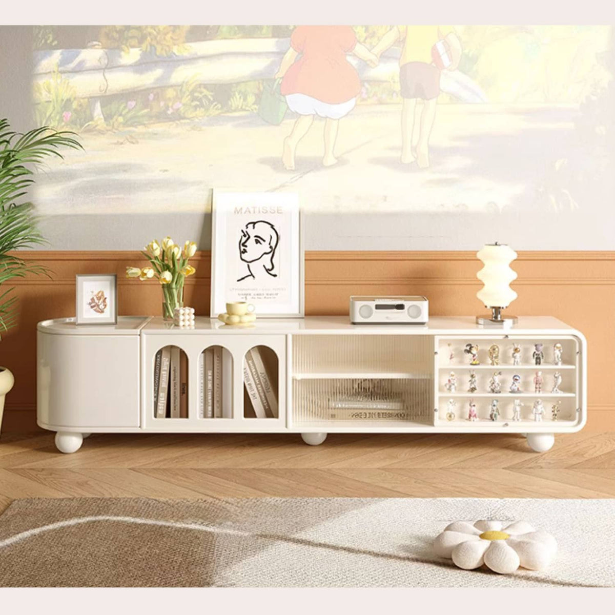 Elegant Beige Solid Wood TV Cabinet with Glass Doors and Laminated Finish fbby-1398