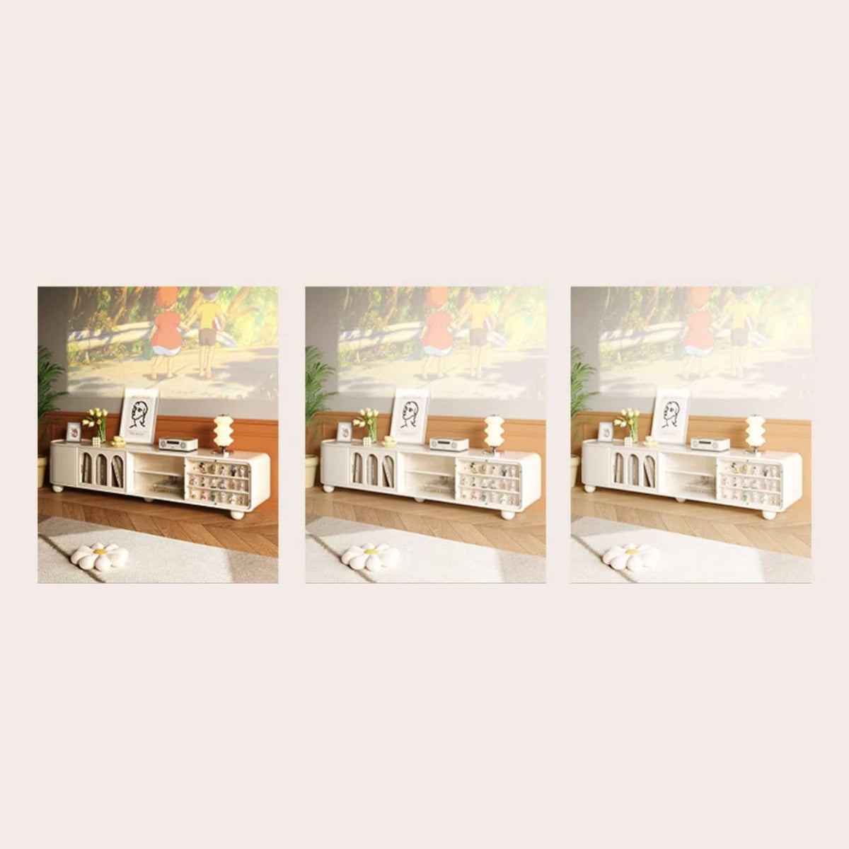 Elegant Beige Solid Wood TV Cabinet with Glass Doors and Laminated Finish fbby-1398
