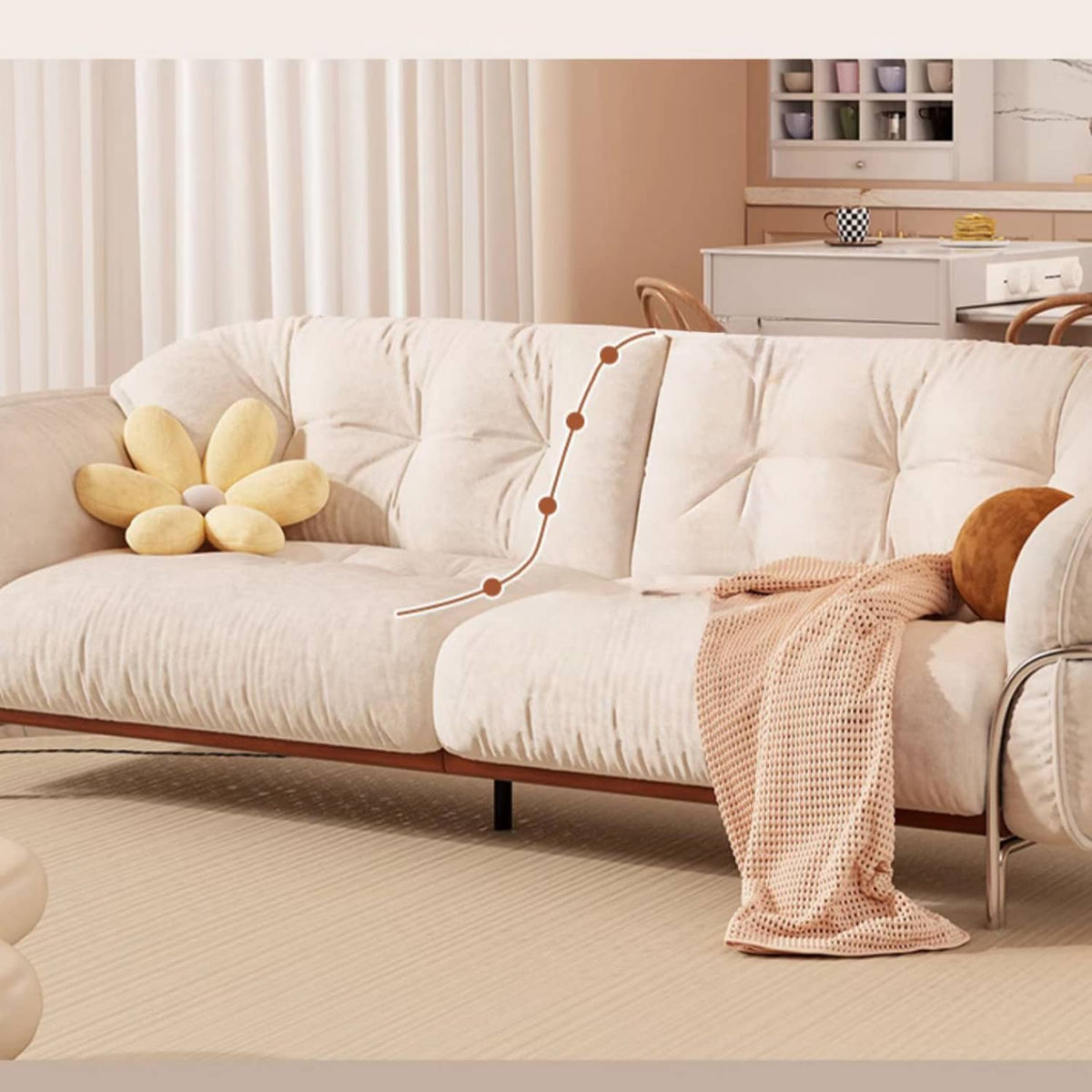 Elegant Beige Cotton Sofa with Pine Wood Frame and Stainless Steel Accents fbby-1403
