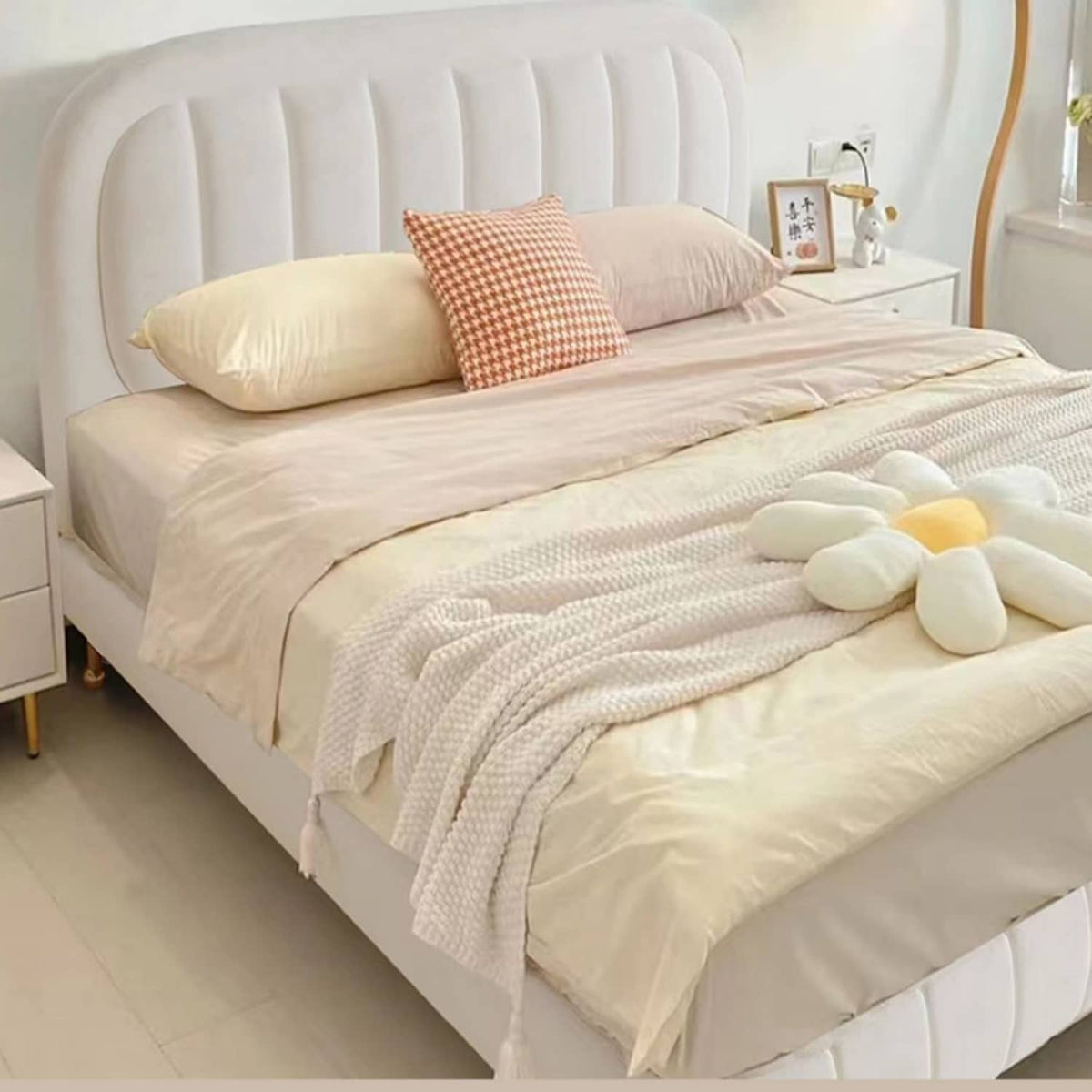 Elegant Beige Cotton Bed Frame with Pine Wood and Stainless Steel Accents fbby-1405