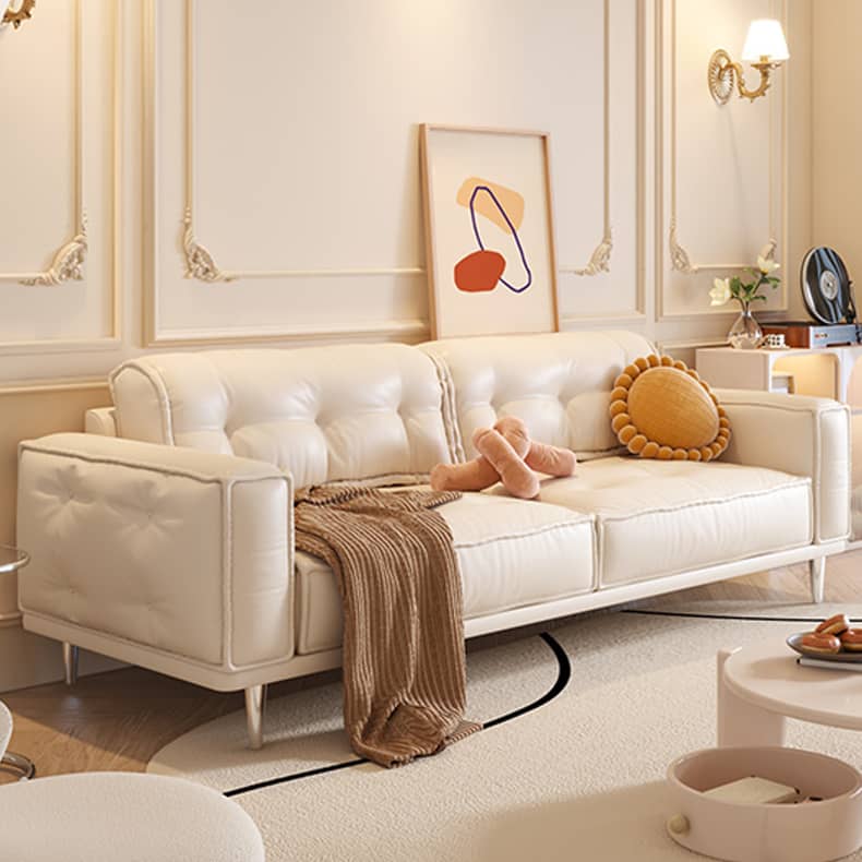 Beige Orange Sofa with Solid Wood Frame and Faux Leather Accents - Modern Design with Stainless Steel Legs fbby-1406