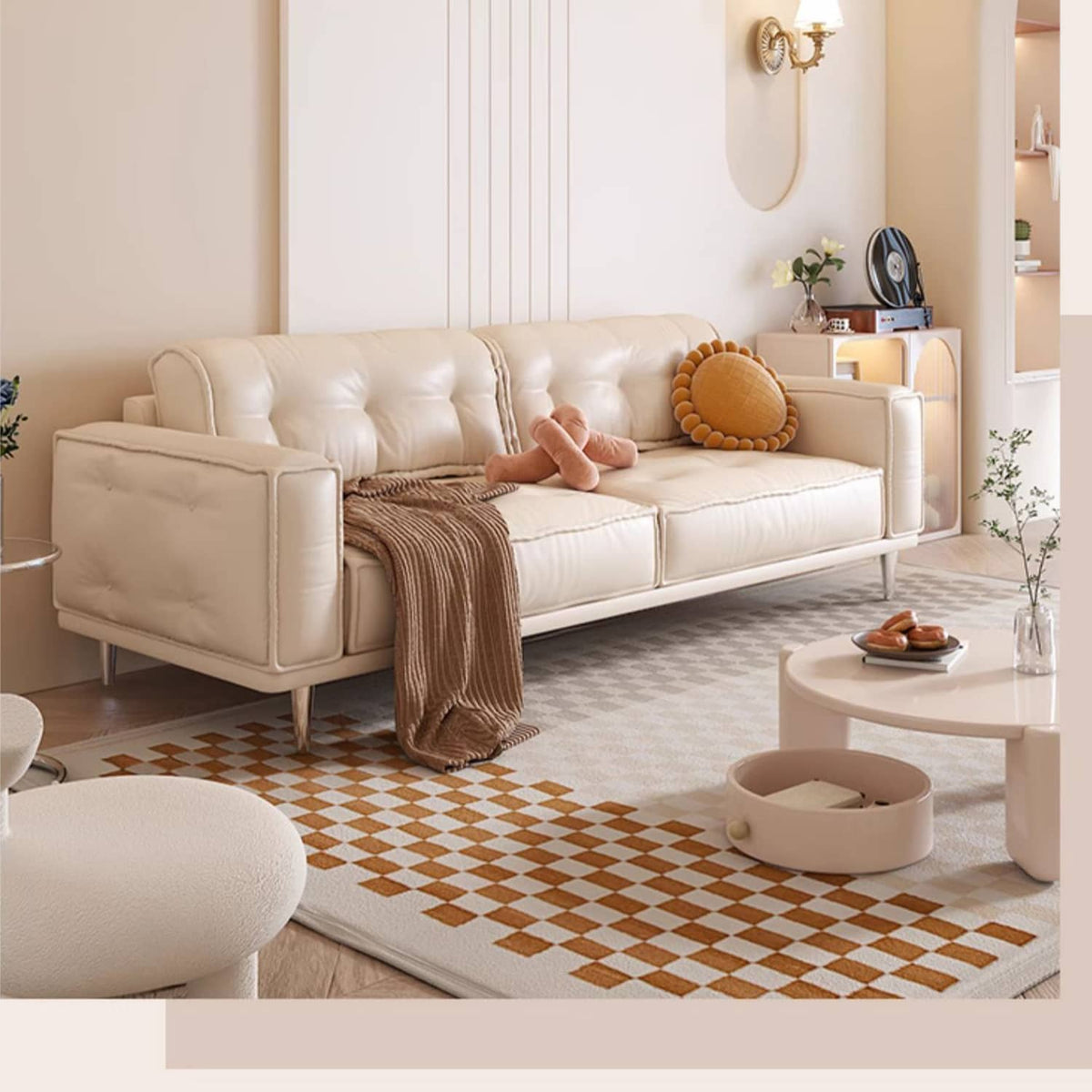 Beige Orange Sofa with Solid Wood Frame and Faux Leather Accents - Modern Design with Stainless Steel Legs fbby-1406