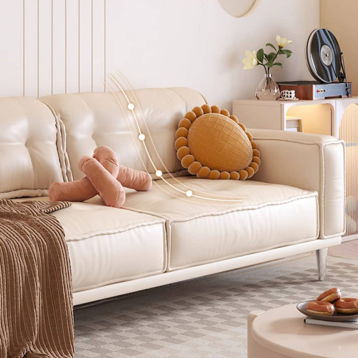 Beige Orange Sofa with Solid Wood Frame and Faux Leather Accents - Modern Design with Stainless Steel Legs fbby-1406