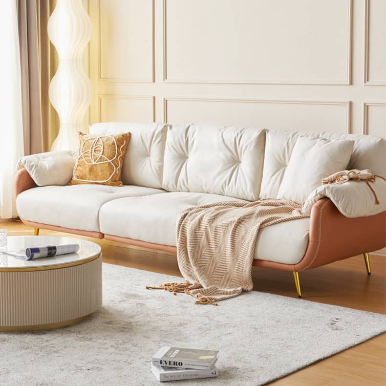 Luxurious Modern Sofa with Beige, Orange, Green, and Brown Accents - Solid Wood Frame and Stainless Steel Details - Premium Down and Cotton Blend Upholstery and Leathaire Finish fbby-1407