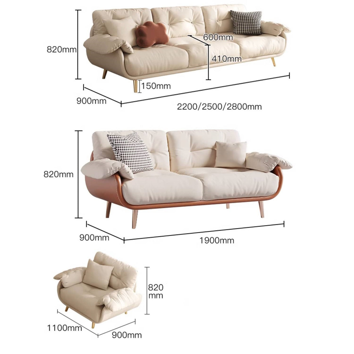 Luxurious Modern Sofa with Beige, Orange, Green, and Brown Accents - Solid Wood Frame and Stainless Steel Details - Premium Down and Cotton Blend Upholstery and Leathaire Finish fbby-1407