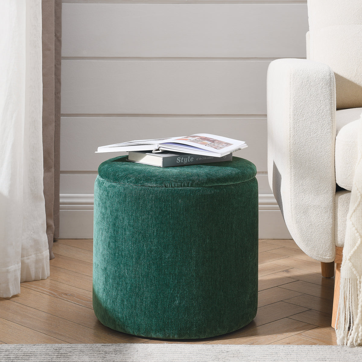 2-Piece Set Round Chenille Storage Ottoman, Equipped with a Drum Shaped Small Stool, Storage Space, and MDF Made Desktop Panel (Dark Green23.62"x23.62"x16.53") W487P179603-djyc