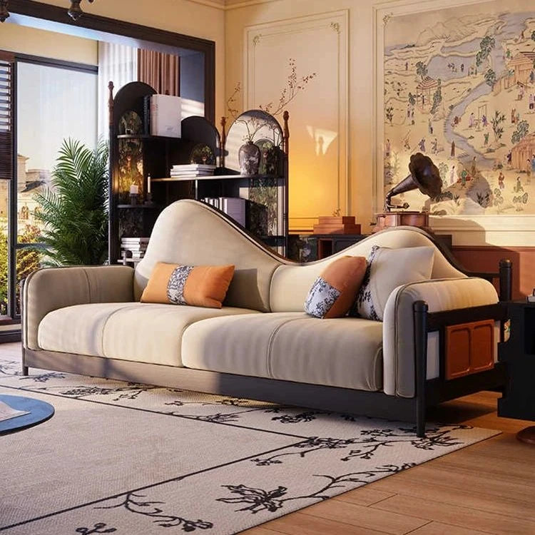 Elegant Ash Wood Pine Sofa with Unique Curved Design and Plush Cushions - Perfect for Modern Living Spaces fbgym-4749