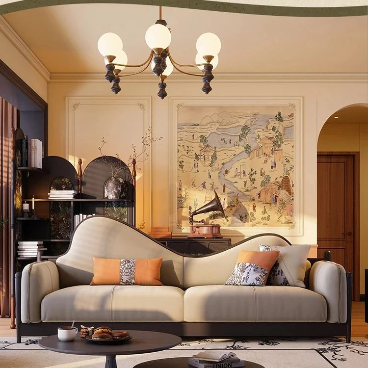Elegant Ash Wood Pine Sofa with Unique Curved Design and Plush Cushions - Perfect for Modern Living Spaces fbgym-4749