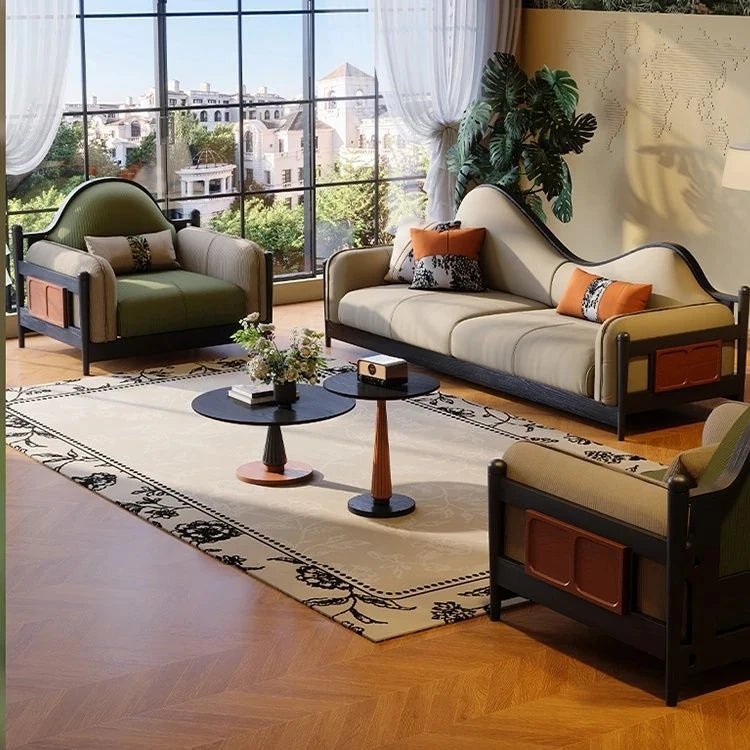 Elegant Ash Wood Pine Sofa with Unique Curved Design and Plush Cushions - Perfect for Modern Living Spaces fbgym-4749