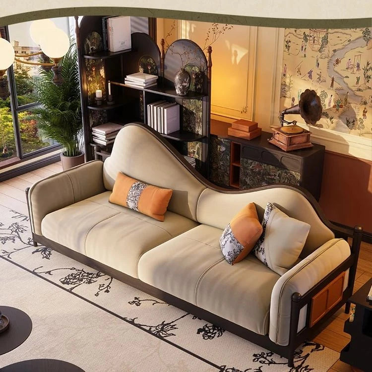 Elegant Ash Wood Pine Sofa with Unique Curved Design and Plush Cushions - Perfect for Modern Living Spaces fbgym-4749