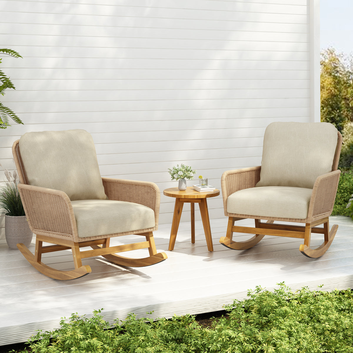 Modern 3-Piece Outdoor Seating Set – Beige Cushioned PE Rattan Rocking Chairs with Wooden Accent Table, Ideal for Patio or Balcony N767P229004N002_63163.00-djyc