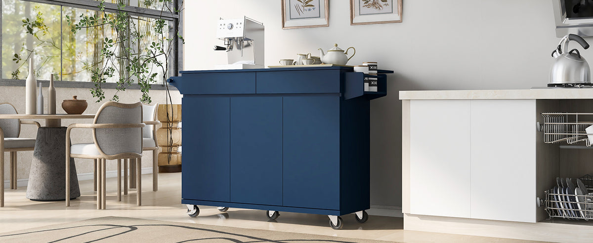 K&K 53.2''Kitchen Island with Drop Leaf, Kitchen Storage Cart with Spice Rack, Towel Rack and 2 Drawers, Rolling Kitchen Island on Wheels with Adjustable Shelves for Kitchen, Dining Room, Navy Blue N707P173041G-djyc