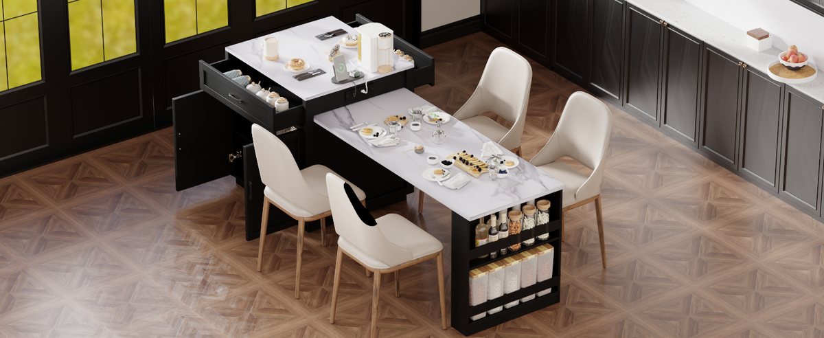 K&K 82.7 inch Kitchen Island with Extendable Dining Table for 4-6 Person,Faux Mable Kitchen Table with Double-sized Storage,Power Outlet,Kitchen island with Storage 2 Drawers 2 Side Open Shelves,Black N707S000010B-djyc